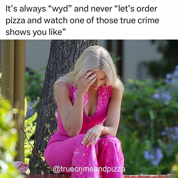 Woman in pink outfit sitting outdoors with head in hand, expressing frustration about true crime shows and pizza plans.