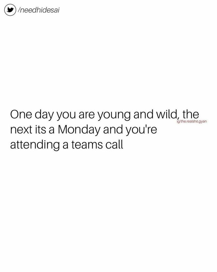 Millennial struggles at work meme about going from young and wild to attending a Monday teams call.
