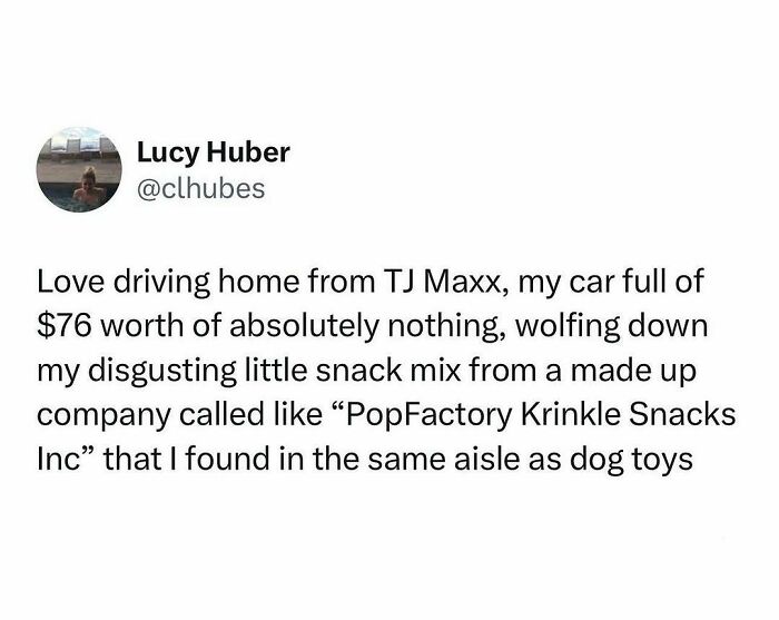 Tweet by Lucy Huber humorously sharing a truth about her snack mix purchase and driving home from TJ Maxx.