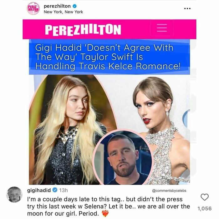 Gigi Hadid and Taylor Swift featured in celebrity comments about unexpected gems in the romance news.