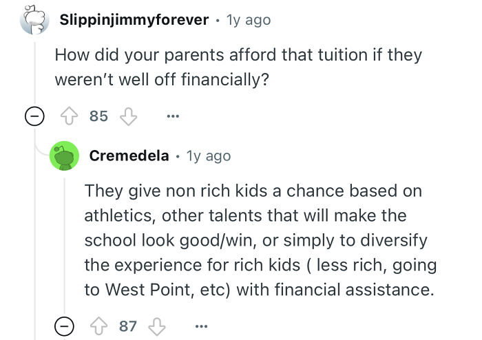 Reddit discussion with a person who studied in a prestigious private school answering questions about tuition affordability.