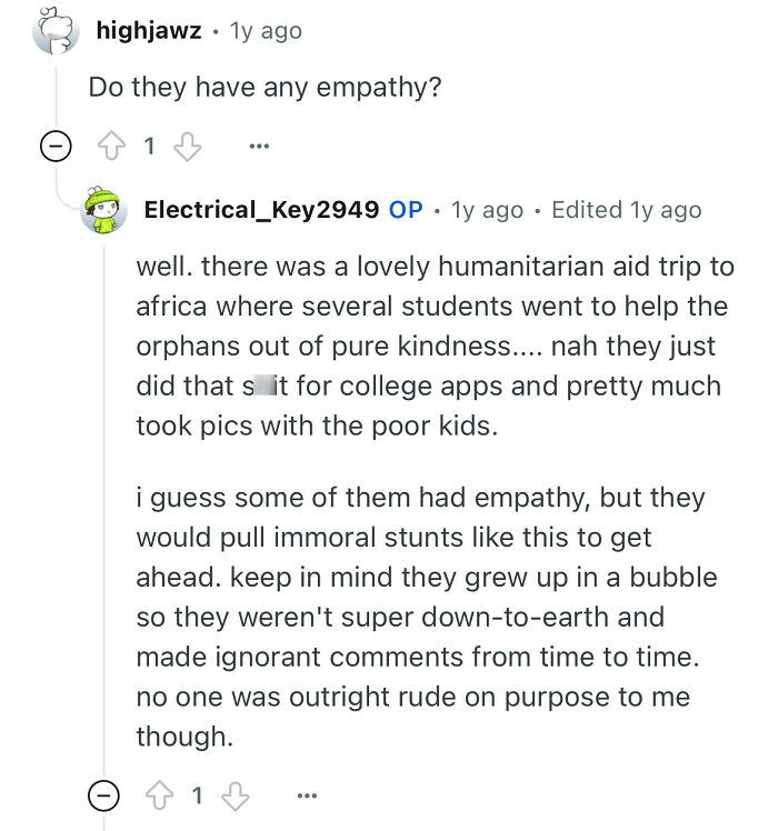 Comment thread showing discussion about empathy of students from a prestigious private school sharing experiences.