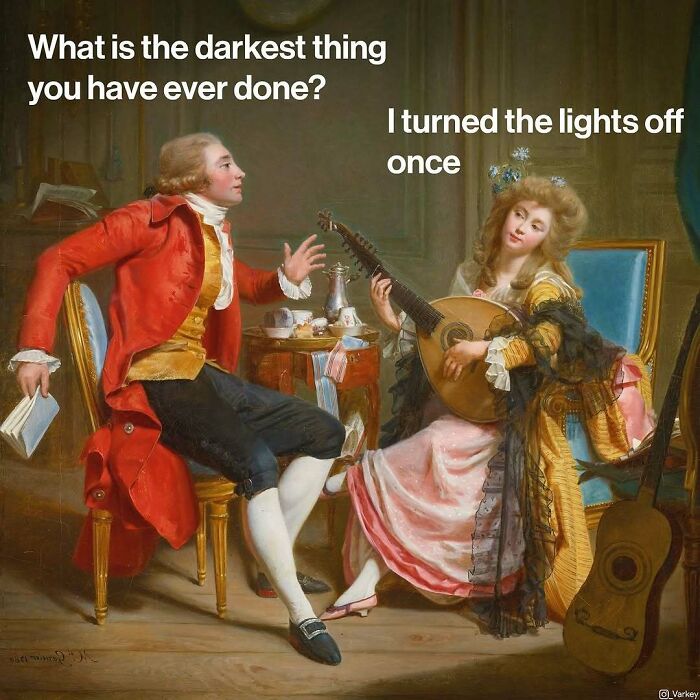 Classical art meme showing two 18th-century figures with humorous modern text about turning off the lights.
