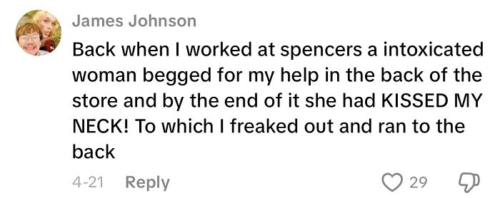 Social media comment describing a creepy customer encounter involving unwanted physical contact at a store.