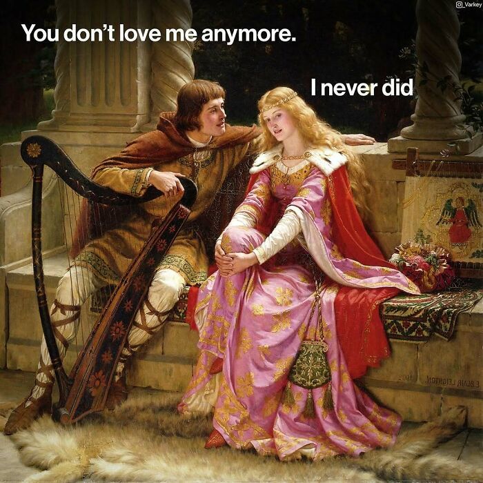 Medieval couple with harp in classical art meme blending contemporary life and classical art humor.