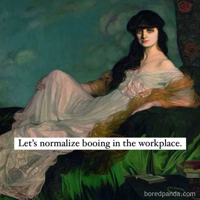 Woman in vintage dress reclining on couch with text about normalizing booing in workplace in work memes style.