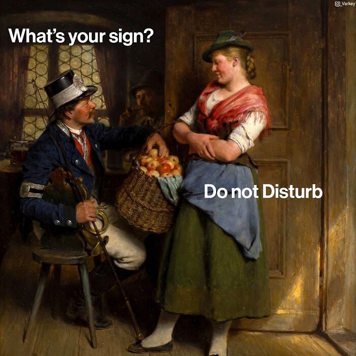 Classical art meme showing a man and woman with humorous contemporary text blending classical art and modern life.