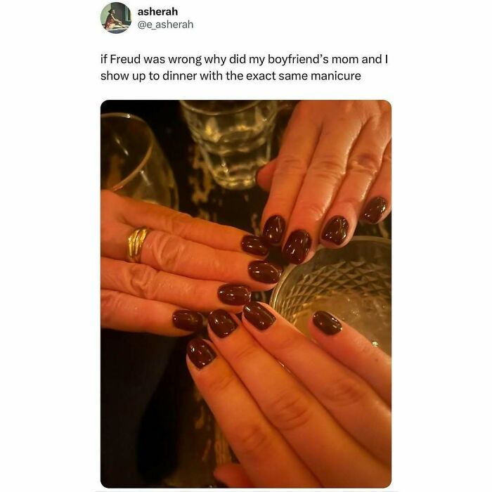 Three hands with matching dark manicure shown over a table, a funny relatable post about navigating the world as just a girl.
