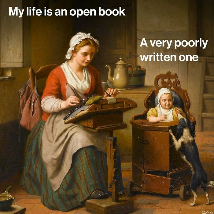 Classical art meme showing a woman and child with humorous modern text blending contemporary life with classical art.