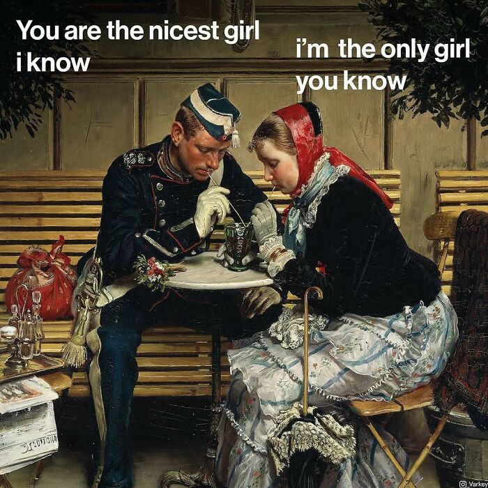 Classical art meme showing a man and woman sharing a drink, blending contemporary life with classical art humor.