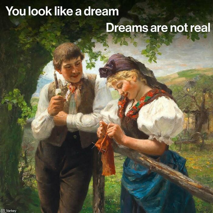 Classical art meme showing a man and woman conversing outdoors, blending contemporary life with classical art style.