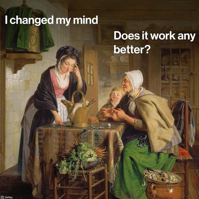Classical art meme showing two women in vintage clothing having a conversation in a kitchen setting.