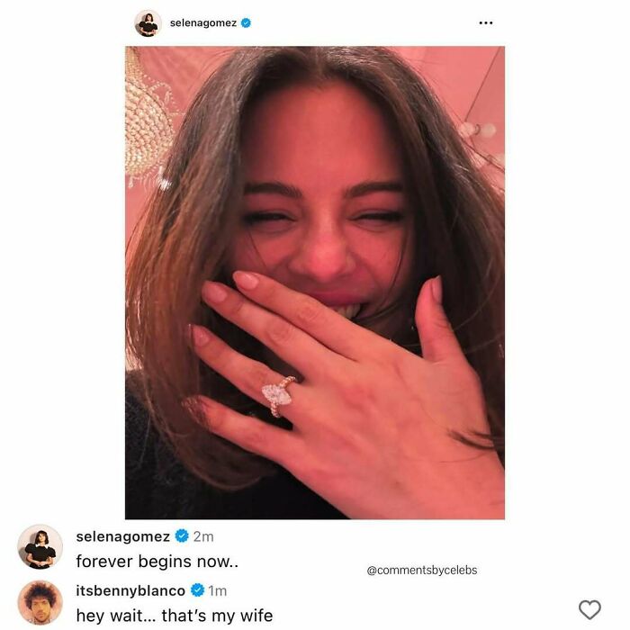 Selena Gomez smiling and showing a ring on her hand with a playful celebrity comment below, highlighting celeb gems.