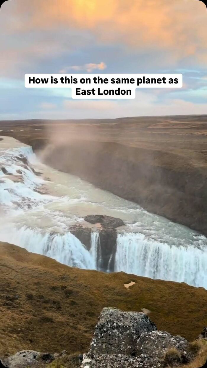 Scenic waterfall and rocky landscape contrasted with humorous text about East London in Great London Memes UK humor post.