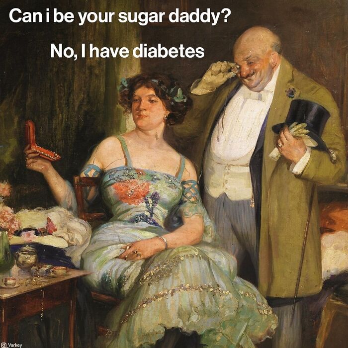 Classical art meme showing a woman refusing a man with a humorous diabetes joke blending contemporary life and classical art.