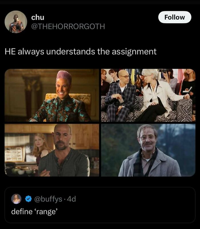 Meme collage showing various characters with the caption he always understands the assignment, relatable to navigating the world as a girl.