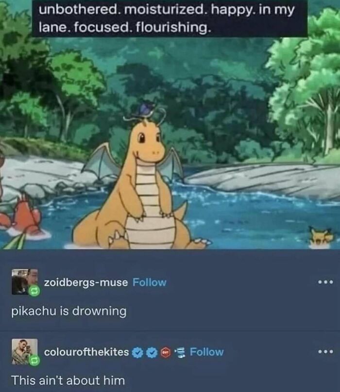 Cartoon Dragonite sitting happy and relaxed in water while Pikachu appears to be drowning, funny relatable meme about navigating life.