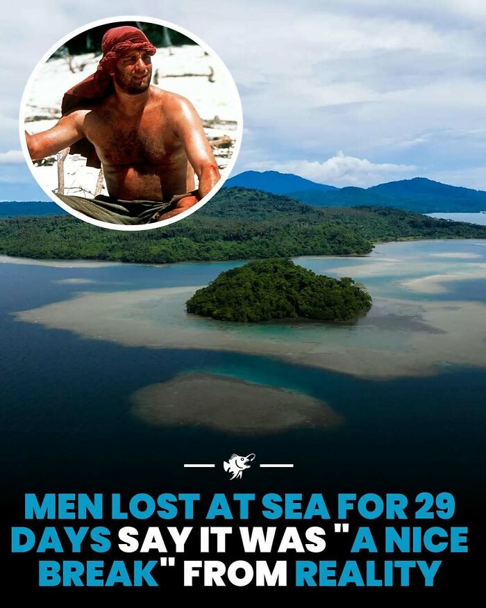 Man stranded at sea for 29 days with tropical island and ocean background, deep sea survival fact from online group.