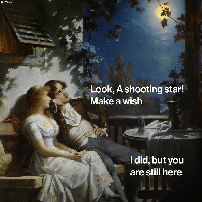 Classical art meme showing a couple under the moonlight with contemporary humorous text about making a wish.