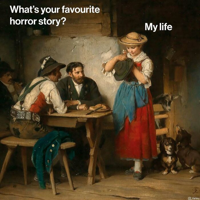Classical art meme with vintage painting of people talking, mixing contemporary life humor with classical art style.