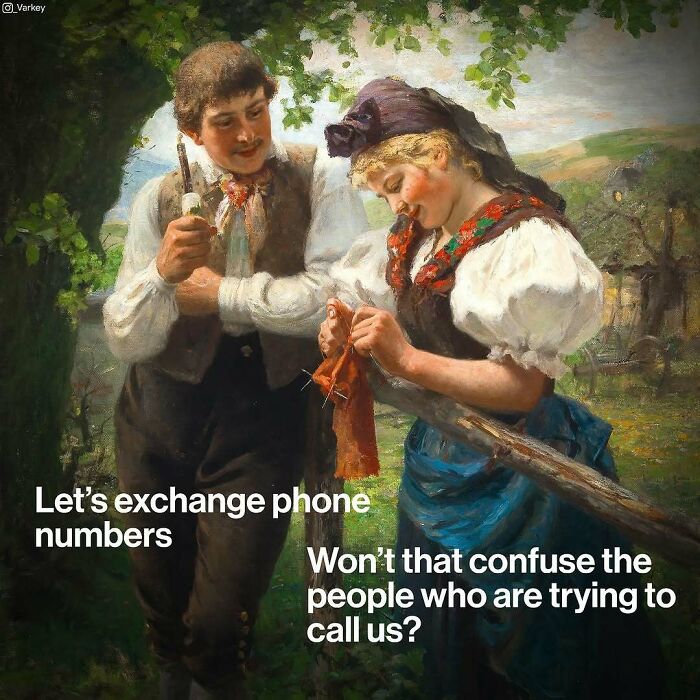 Classical art meme showing a man and woman in traditional clothes exchanging phone numbers outdoors.