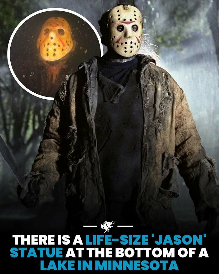 Life-size Jason statue underwater at the bottom of a lake in Minnesota, featured in deep sea images and facts.