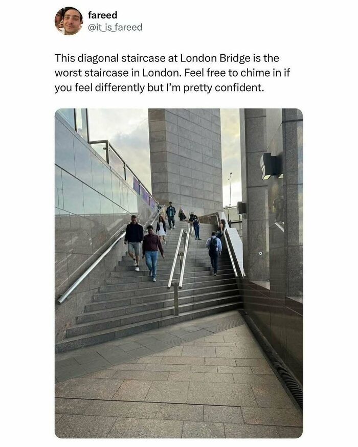 Diagonal staircase at London Bridge with people walking, featured in great London memes showcasing UK humor and city life.