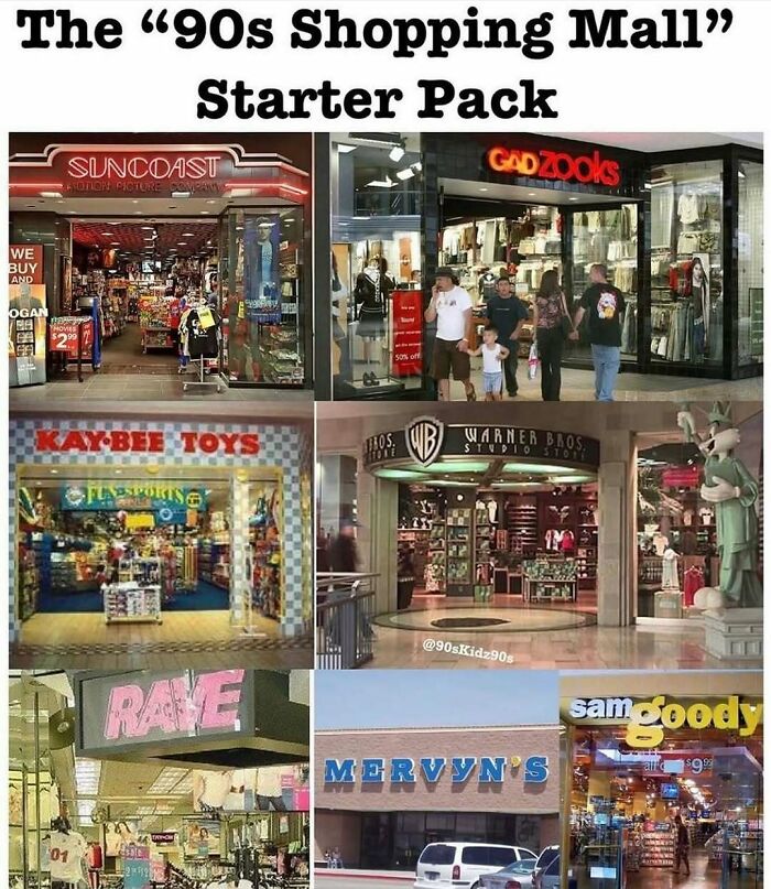 90s shopping mall stores collage featuring vintage storefronts, nostalgic brands, and retro retail vibes for millennials.