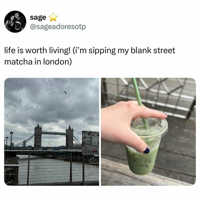 Tweet showing a view of London's Tower Bridge and a hand holding an iced green matcha drink, highlighting London memes and British humor.