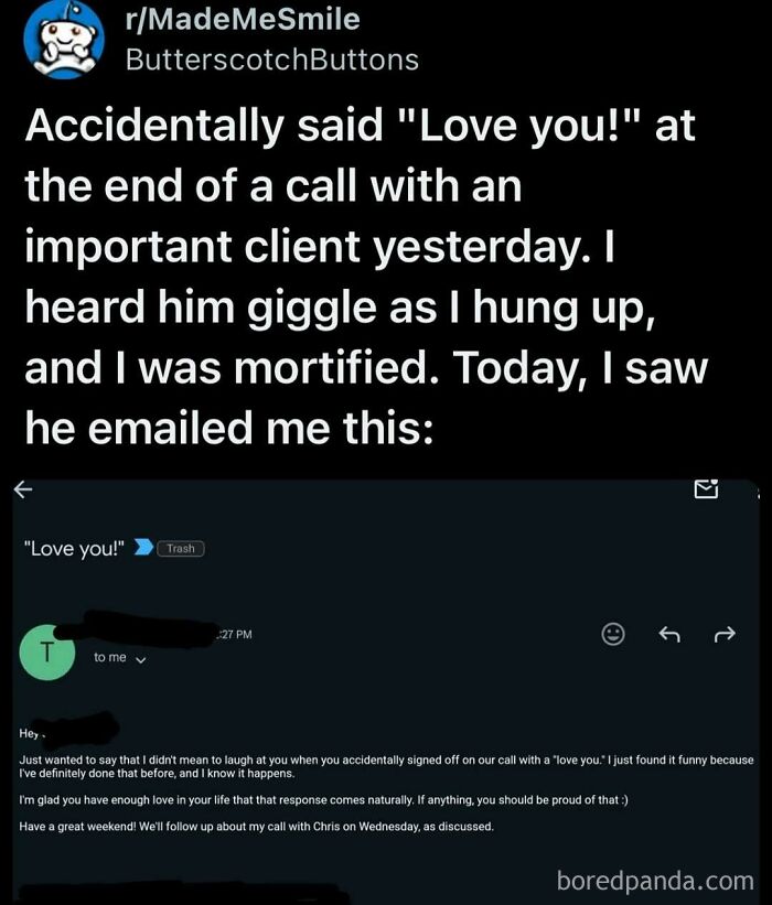 Relatable funny meme about accidentally saying love you on a call with an important client and the humorous follow-up.