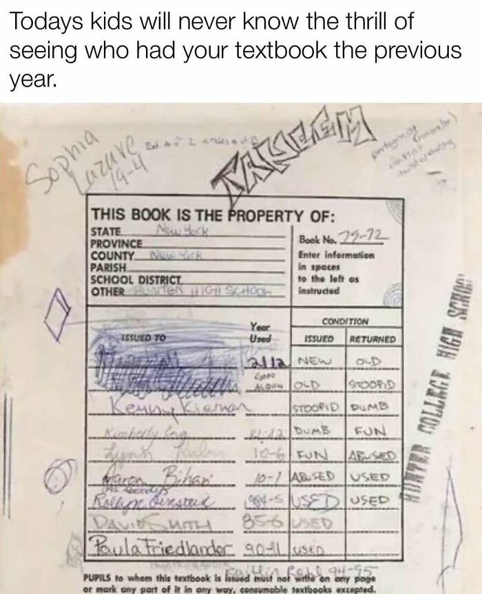 Worn textbook page with multiple previous owners' names and humorous condition notes, showcasing relatable funny memes.