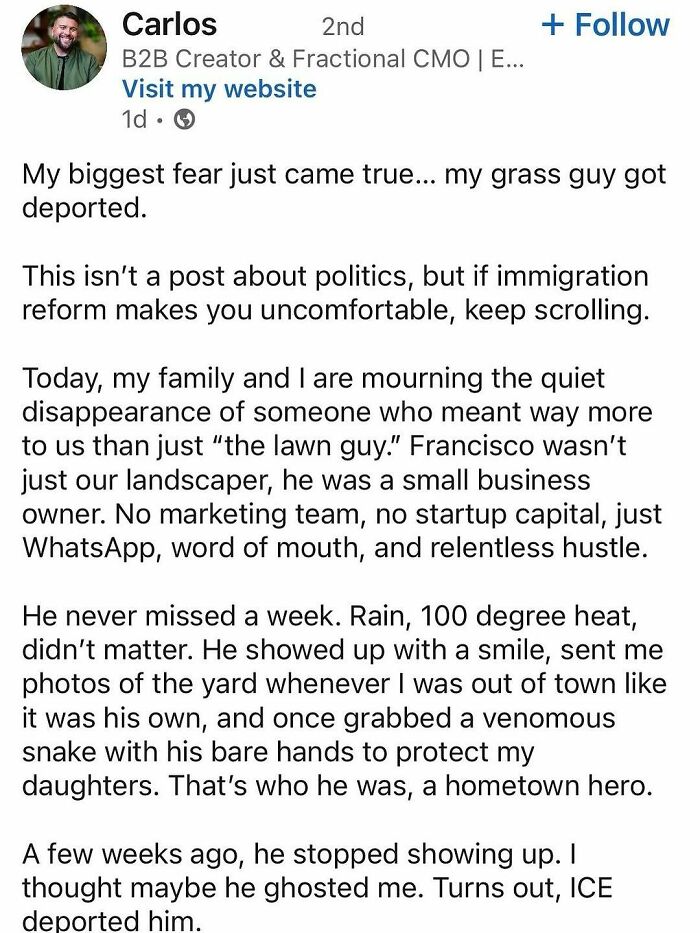 LinkedIn post showing a heartfelt story reflecting the impact of hustle culture on small business owners and real life.