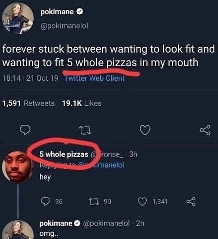 Screenshot of a funny tweet about wanting to be fit but also fit 5 whole pizzas in the mouth, a relatable meme.