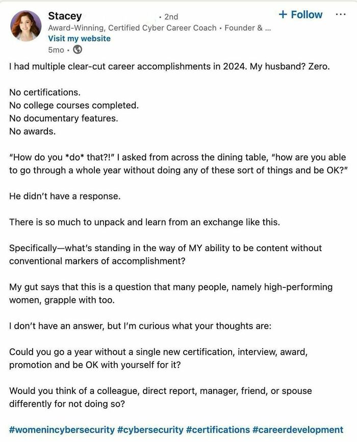 LinkedIn post by a cyber career coach questioning hustle culture and conventional career accomplishments in personal life balance.