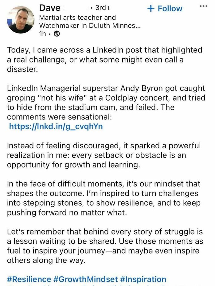 Screenshot of a LinkedIn post discussing challenges and resilience amid hustle culture struggles.