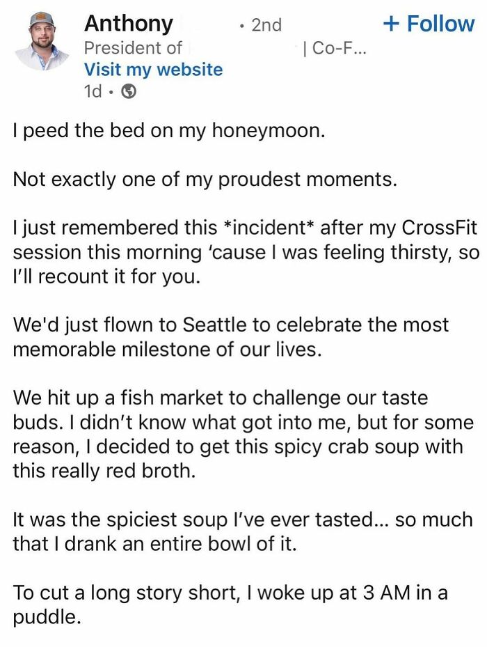 LinkedIn post by Anthony sharing a personal story about losing touch with real life due to hustle culture pressure.