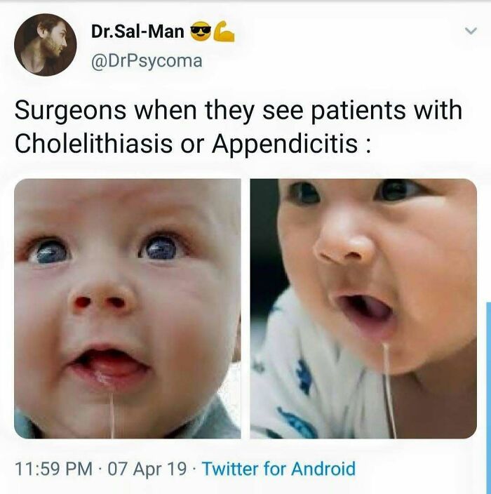 Surgeons reacting humorously to patients with cholelithiasis or appendicitis, highlighting medicine work struggles and humor.