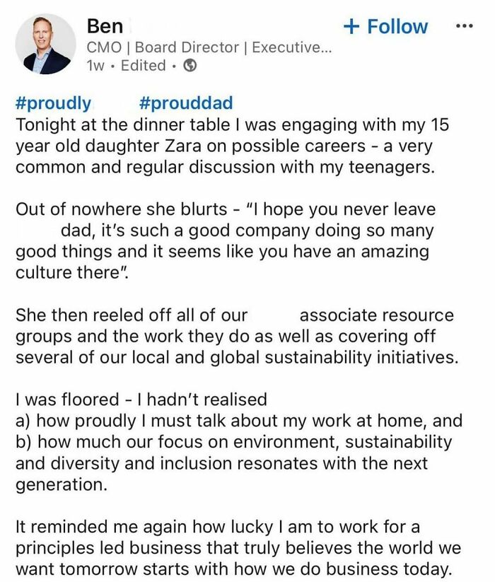 LinkedIn post screenshot showing a father reflecting on work-life balance and company culture amid hustle culture pressures.