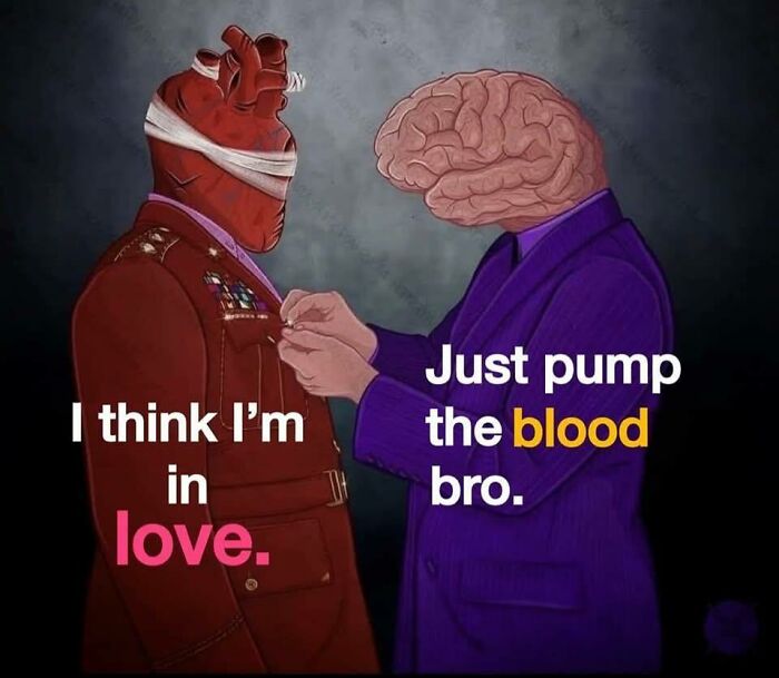 Illustration of a heart in a military uniform and a brain in a suit, humorously capturing the struggle of working in medicine.