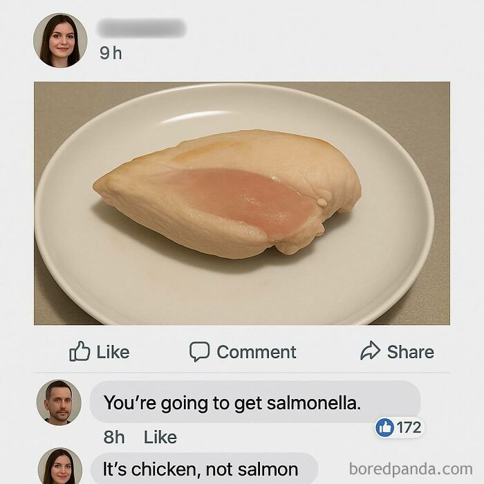 Raw chicken breast on a plate with humorous comments illustrating the struggle and humor of working in medicine.