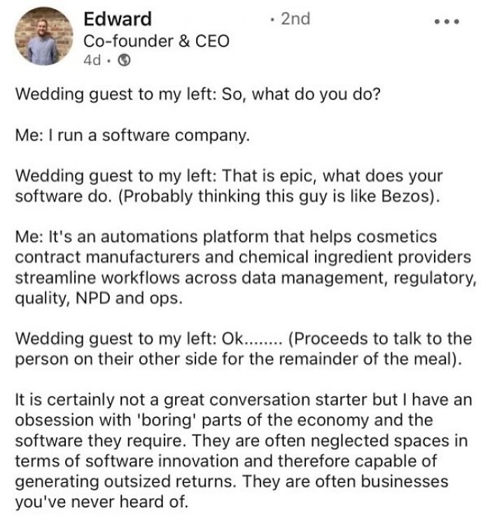 Text post showing a software CEO explaining his automation platform and highlighting hustle culture focused on work over socializing.