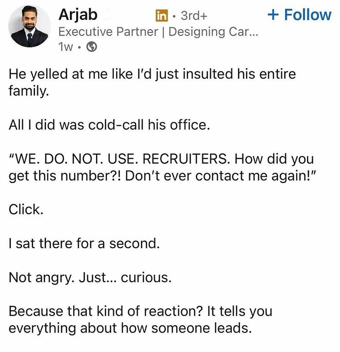 LinkedIn post about a recruiter cold-calling an office, reflecting hustle culture and its impact on real life.