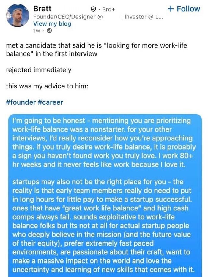 Screenshot of a LinkedIn post discussing hustle culture and rejecting work-life balance in startup career advice.