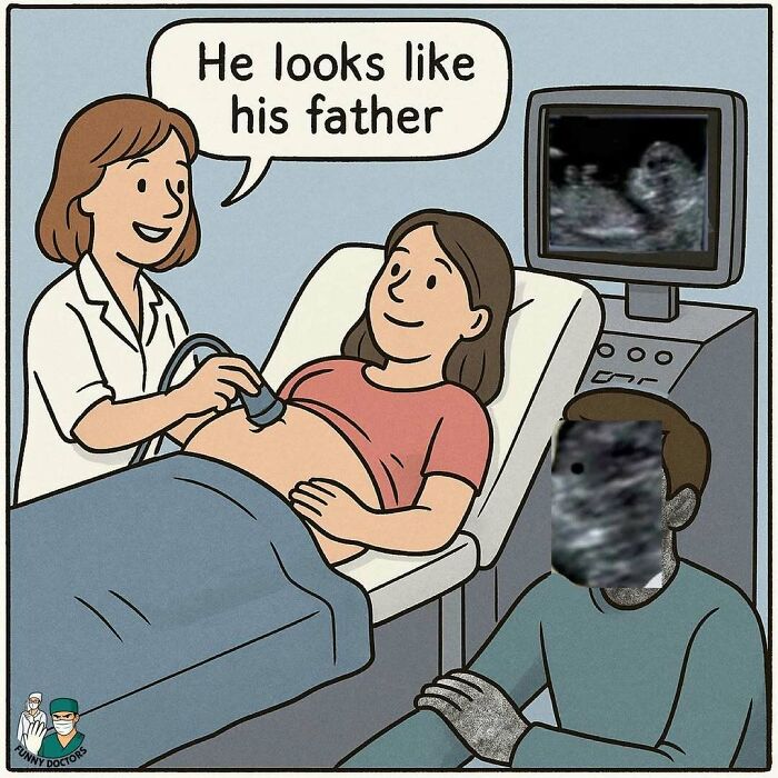 Pregnant woman having an ultrasound with doctor, humorous medical meme capturing the struggle and humor of working in medicine.