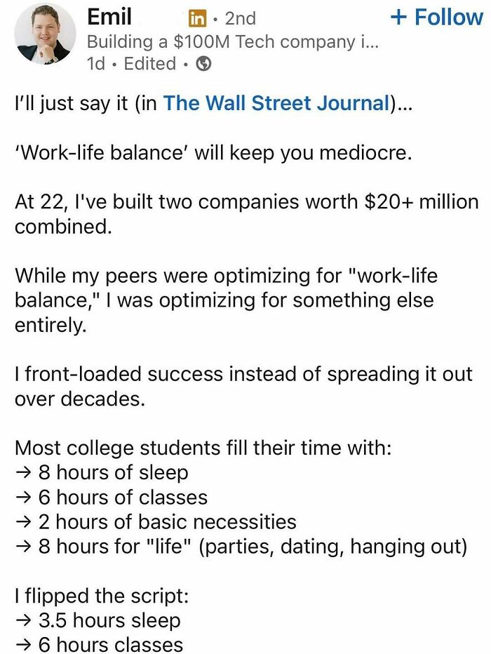 LinkedIn post showing a young entrepreneur discussing hustle culture and sacrificing work-life balance for success.