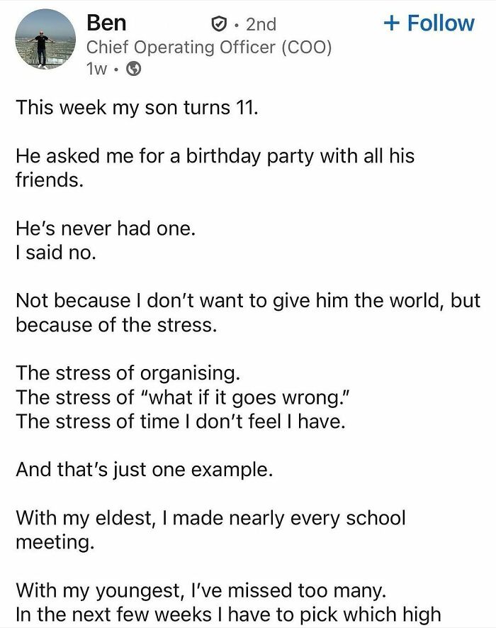 LinkedIn post from a COO describing stress and missed family moments due to hustle culture and work demands.