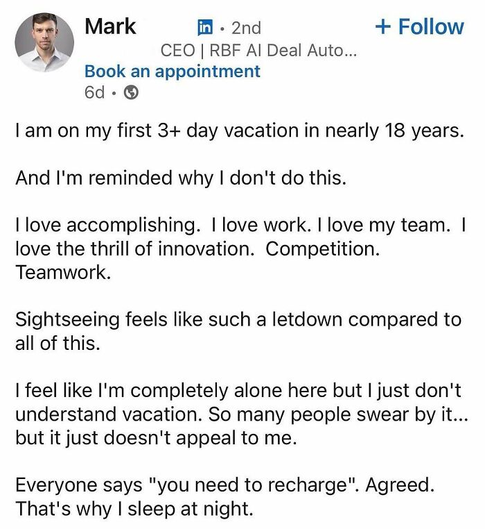 LinkedIn post of a CEO discussing his struggle with taking a vacation, highlighting hustle culture and work obsession.