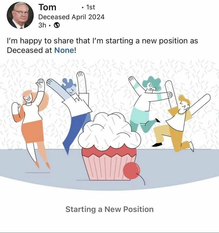 LinkedIn post humor about hustle culture showing people celebrating a new job position with playful cartoon figures.