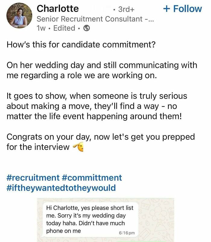 Screenshot of a LinkedIn post about candidate commitment showcasing hustle culture where work continues even on a wedding day.