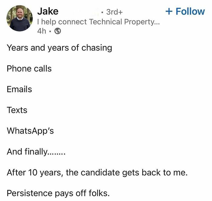 LinkedIn post showing persistence in hustle culture with years of chasing phone calls, emails, texts, and WhatsApp messages.
